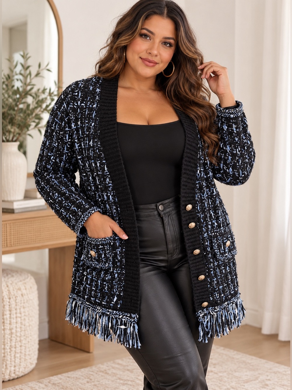 Torrid Belle Isle Black & Blue Tweed Cardigan Sweater w/Fringe Plus Size 0/Large